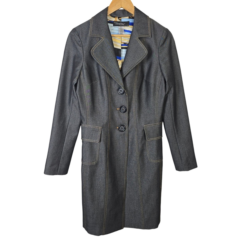 Cache Contour Collection Womens Gray Denim Look Long Blazer‎ Trench Coat Size S